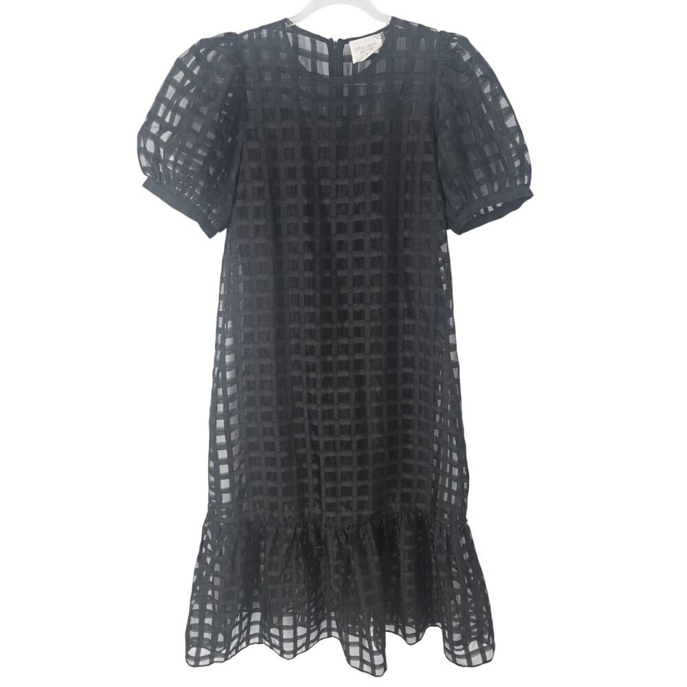 Hyacinth House Tuckernuck Black Sheer Windowpane Midi Dress Puff Sleeve Ruffle